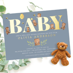 Blue Honey Bear Baby Shower Einladung