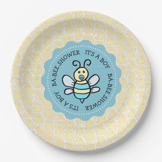 Blue Honey Bee Boy's Baby Shower Pappteller (Vorderseite)