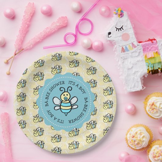 Blue Honey Bee Boy's Baby Shower Pappteller (Party)