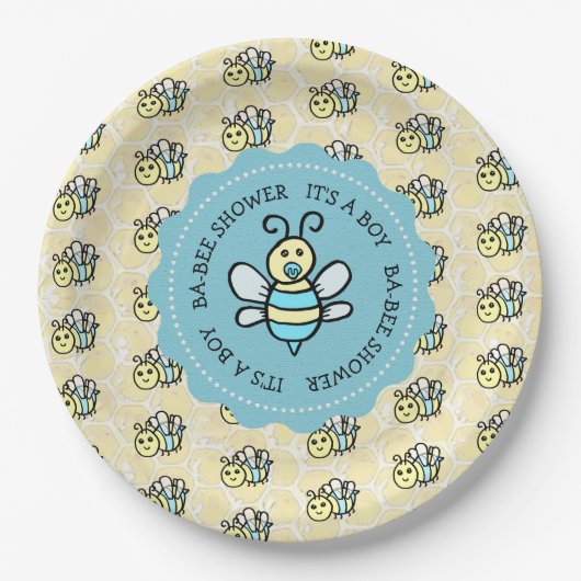 Blue Honey Bee Boy's Baby Shower Pappteller (Vorderseite)