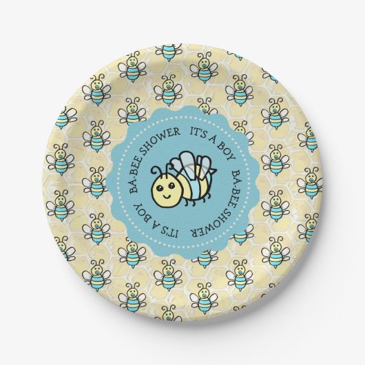 Blue Honey Bee Boy's Baby Shower Pappteller (Vorderseite)