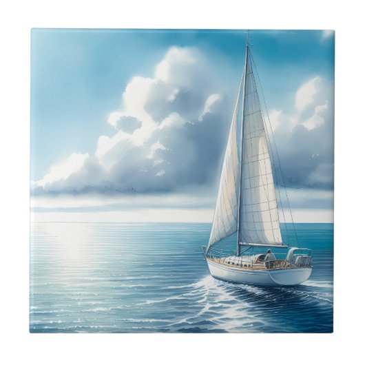 Blue Horizon Solitary Sailboat Fliese (Vorderseite)
