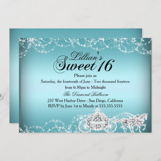 Blue Horse Carriage Princess Sweet 16 Invite Einladung (Vorne/Hinten)