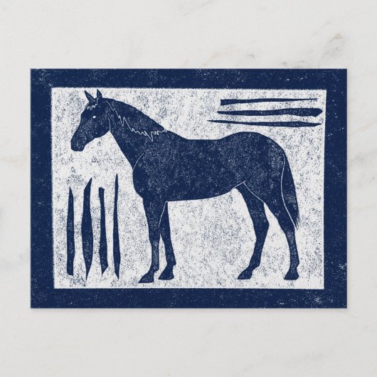 Blue Horse Postcard - Navy Blue Woodcut Style Postkarte (Vorderseite)