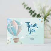 Blue Hot Air Ballon Baby Dusche Danke Karte (Stehend Vorderseite)