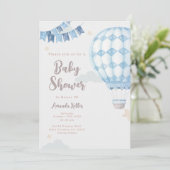 Blue Hot Air Ballon Baby Dusche Einladung (Stehend Vorderseite)