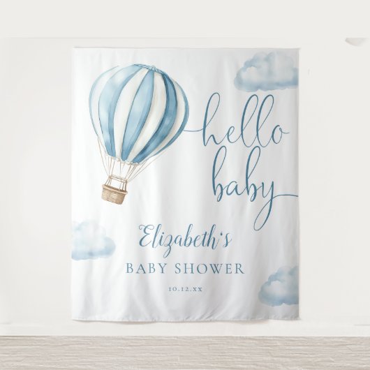 Blue Hot Air Ballon Baby Dusche Foto Hintergrund Wandteppich (Vorderseite)