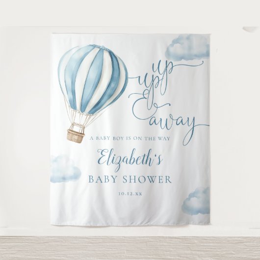 Blue Hot Air Ballon Baby Dusche Foto Hintergrund Wandteppich (Vorderseite)