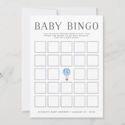 Blue Hot Air Ballon | Baby Shooter Bingo Game Card Einladung (Vorderseite)