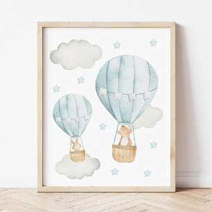 Blue Hot Air Ballon, Bär, Bunny, Boy Kinderzimmer Fotodruck