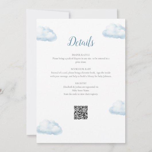 Blue Hot Air Ballon Boy All in one Baby Dusche Einladung (Rückseite)