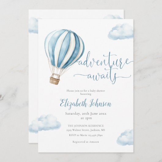 Blue Hot Air Ballon Boy All in one Baby Dusche Einladung (Vorne/Hinten)
