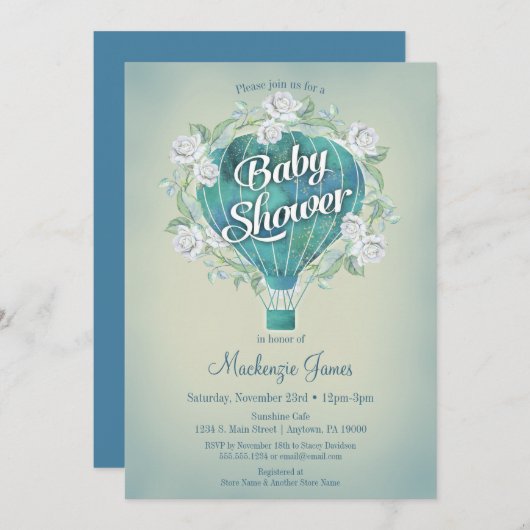 Blue Hot Air Ballon Boys Baby Dusche Einladung (Vorne/Hinten)