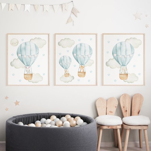Blue Hot Air Ballon, Niedlicher Tiere, Boy Kinderz Bilderwand Sets
