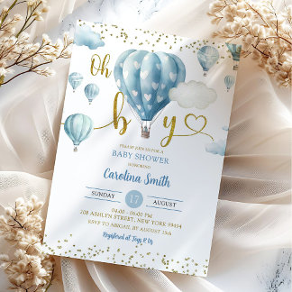Blue Hot Air Ballon Oh Boy Baby Dusche Einladung