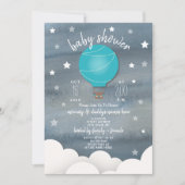 Blue Hot Air Ballon + Stars Boy Baby Dusche Einladung (Vorderseite)