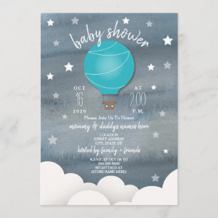 Blue Hot Air Ballon + Stars Boy Baby Dusche Einladung