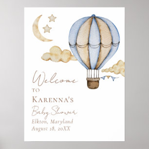 Blue Hot Air Ballon White Baby Dusche Willkommen Poster