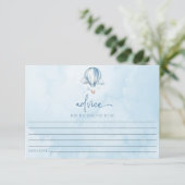 Blue Hot Air Balloon Baby Dusche Hinweiskarte (Stehend Vorderseite)