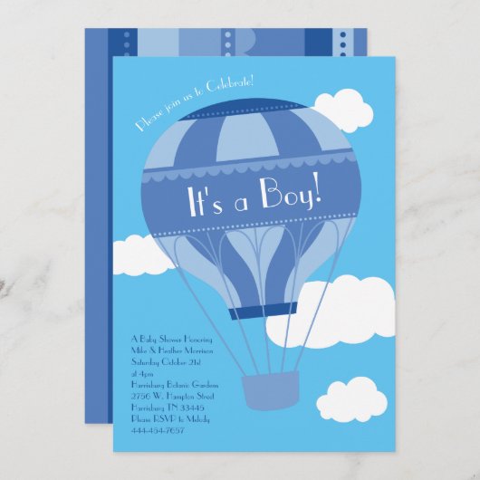 Blue Hot Air Balloon Baby Dusche Vintag Einladung (Vorne/Hinten)
