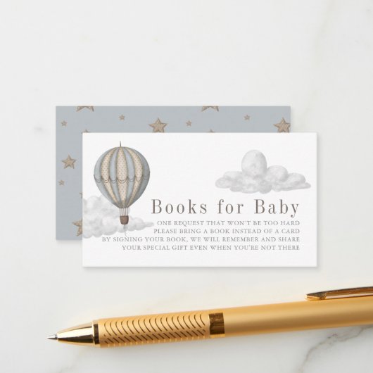 Blue Hot Air Balloon Baby Shower Book Request Begleitkarte (Vorderseite/Rückseite Beispiel)