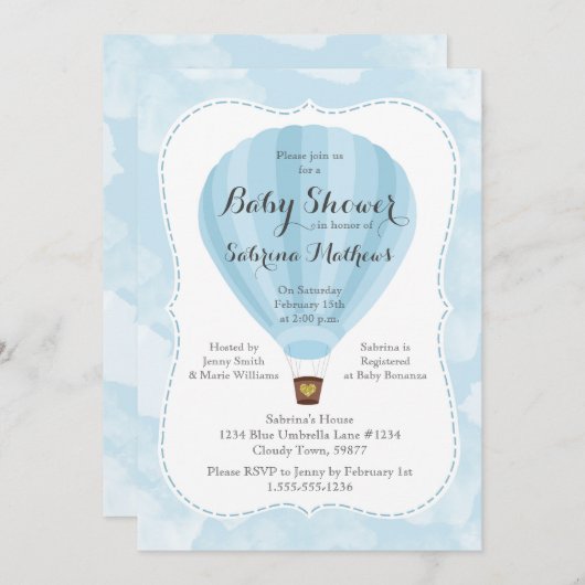 Blue Hot Air Balloon Babydusche Einladung (Vorne/Hinten)