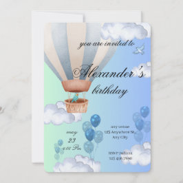 Blue Hot Air Balloon Boy Birthday Invitation Einladung