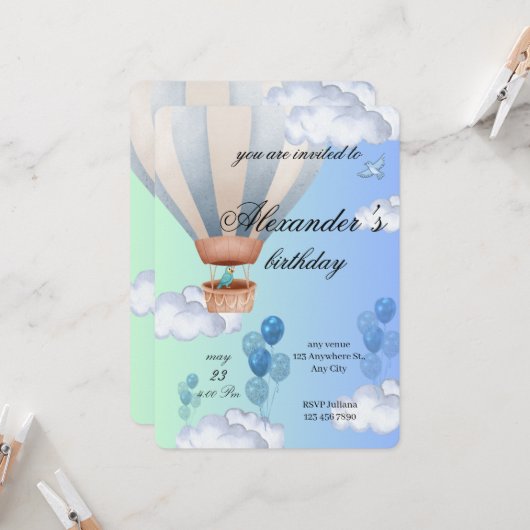 Blue Hot Air Balloon Boy Birthday Invitation  Einladung (Vorderseite/Rückseite Beispiel)
