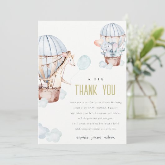 Blue Hot Air Balloon Safari Animals Baby Dusche Dankeskarte (Stehend Vorderseite)
