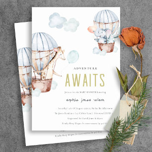Blue Hot Air Balloon Safari Animals Baby Dusche Einladung