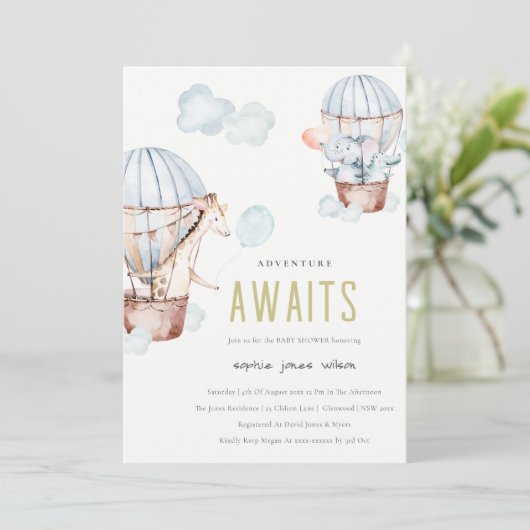 Blue Hot Air Balloon Safari Animals Baby Dusche Einladung (Stehend Vorderseite)