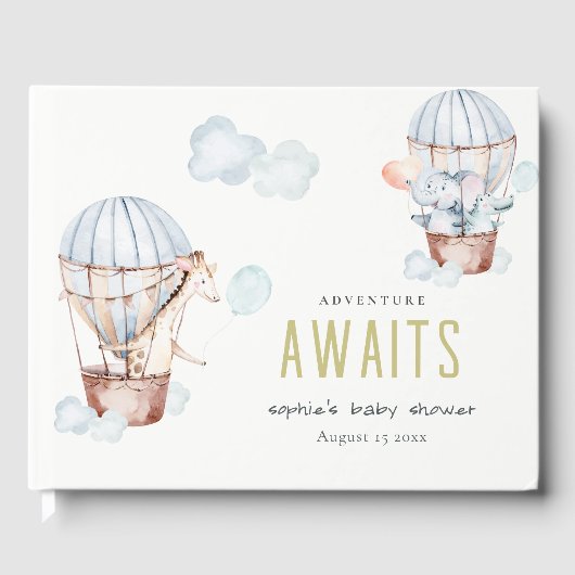 Blue Hot Air Balloon Safari Animals Baby Dusche Gästebuch (Vorderseite)