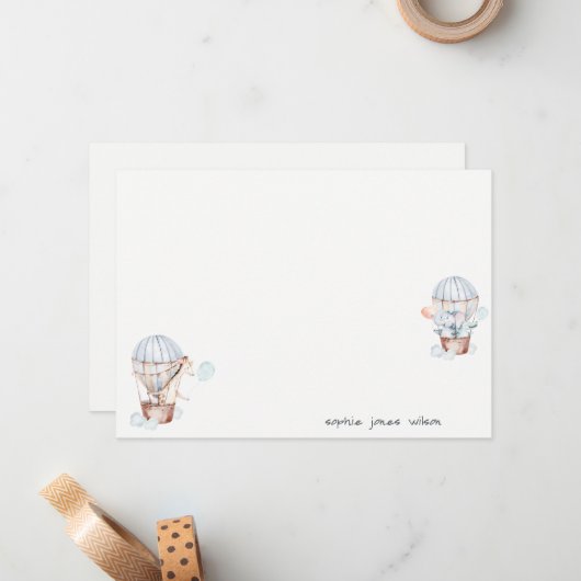 Blue Hot Air Balloon Safari Animals Baby Dusche Mitteilungskarte (Vorderseite/Rückseite Beispiel)