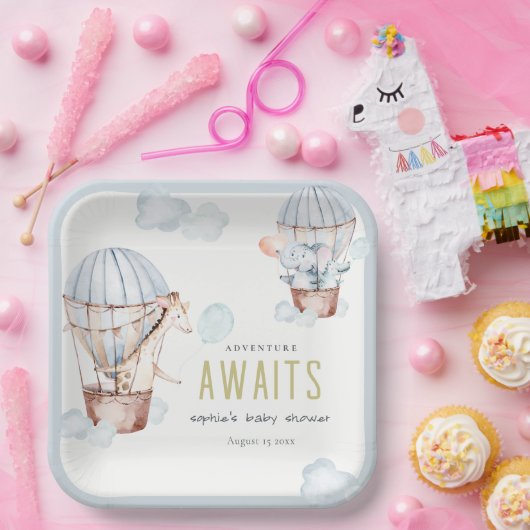 Blue Hot Air Balloon Safari Animals Baby Dusche Pappteller (Party)