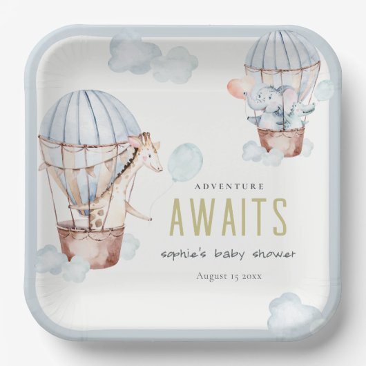 Blue Hot Air Balloon Safari Animals Baby Dusche Pappteller (Vorderseite)