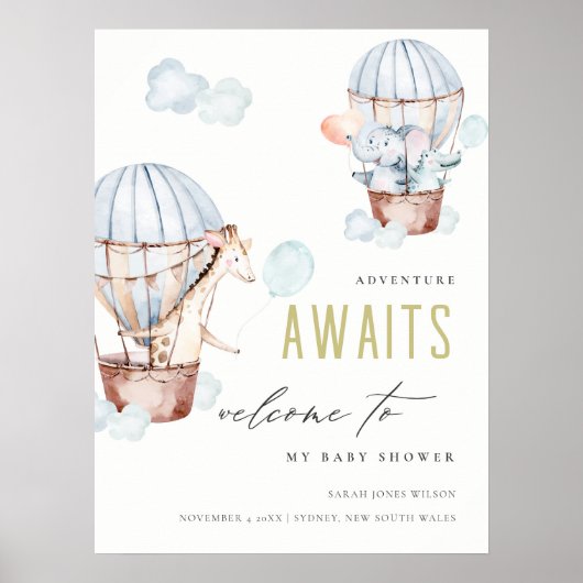 Blue Hot Air Balloon Safari Animals Baby Dusche Poster (Vorne)