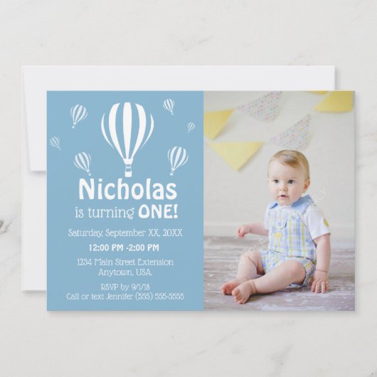 Blue Hot Air Balloons Baby's First Birthday Foto Einladung (Vorderseite)
