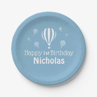 Blue Hot Air Balloons Baby's First Birthday Pappteller