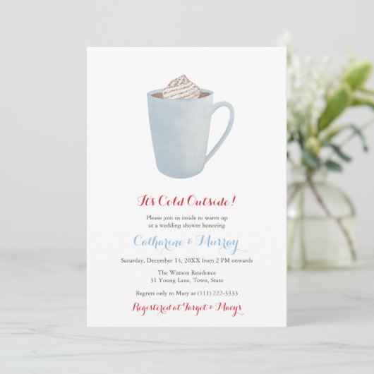 Blue Hot Cocoa Tasse Co-Ed Wedding oder Babydusche Einladung (Stehend Vorderseite)