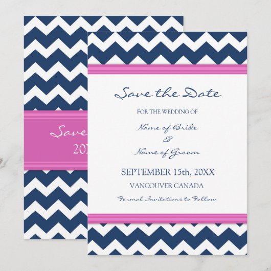 Blue Hot Pink Wedding Save the Date Card (Vorne/Hinten)