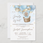 Blue Hotair Ballon Bearly Wait Baby Dusche Einladung (Vorderseite)