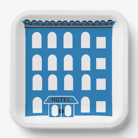 Blue Hotel Gebäude Pappteller (Vorderseite)