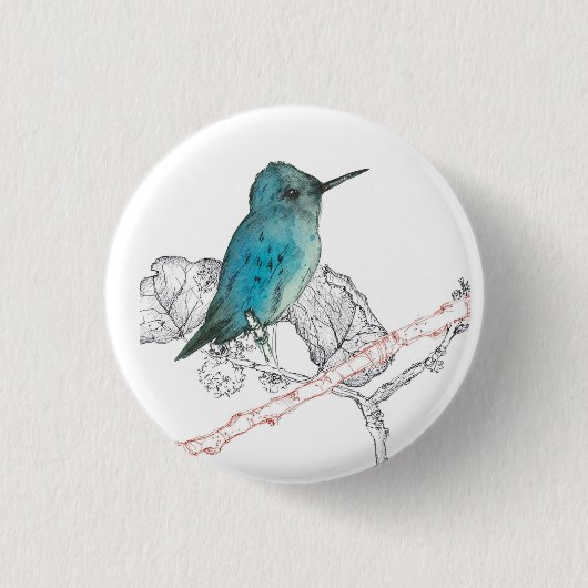 Blue Hummingbird Branches Button (Vorderseite)