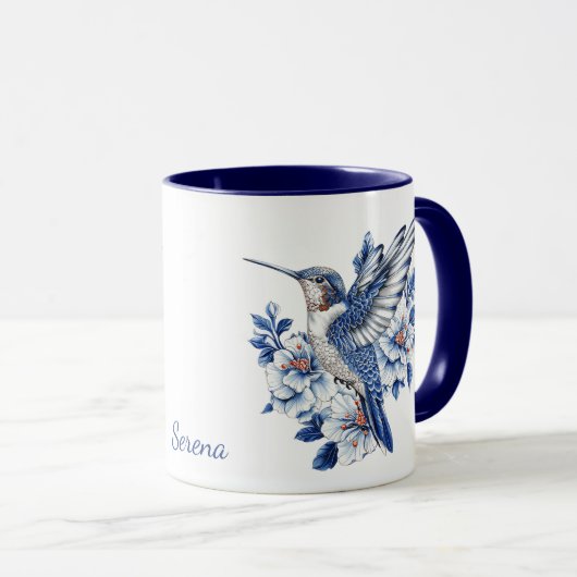 Blue Hummingbird Floral Monogram Tasse (VorderseiteRechts)
