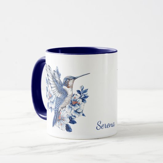 Blue Hummingbird Floral Monogram Tasse (Vorderseite Links)