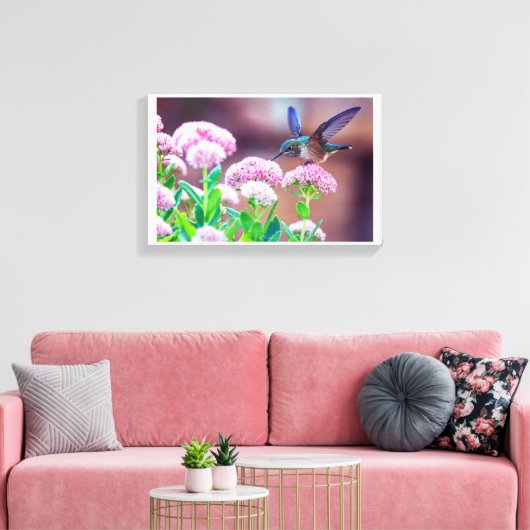 Blue Hummingbird Floral Stretched Canvas Print Leinwanddruck (Insitu (Wohnzimmer))