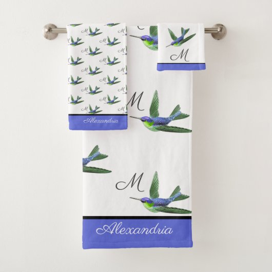 Blue Hummingbird Green Aquarell Monogram Badhandtuch Set (Insitu)