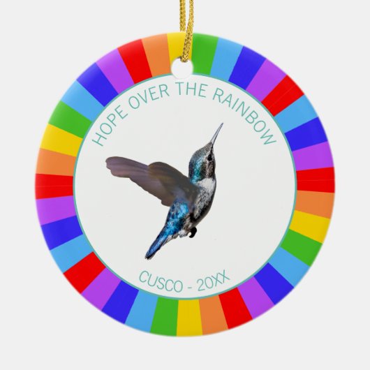 Blue Hummingbird in Regenbogenfarben Keramik Ornament (Vorne)