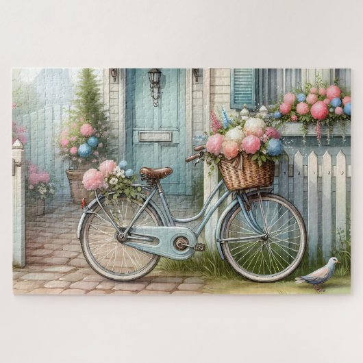Blue Hütte Bike mit Spring Blume Basket Puzzle (Horizontal)