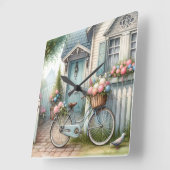 Blue Hütte Bike mit Spring Blume Basket Quadratische Wanduhr (Winkel)